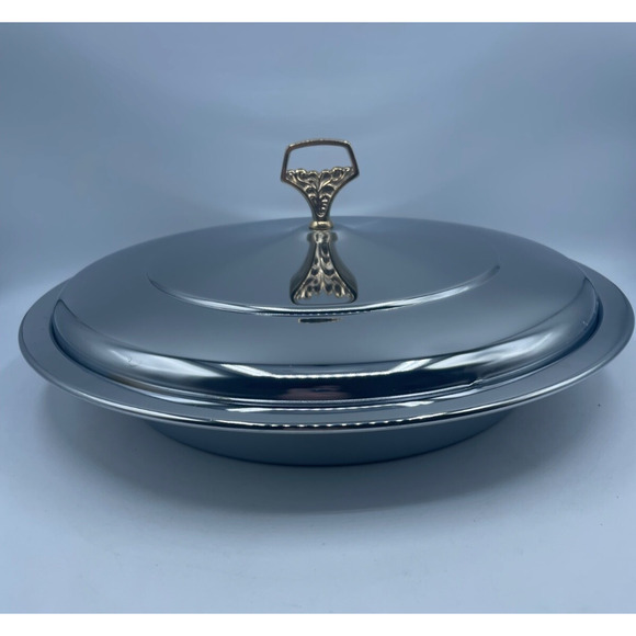 Vtg Kromex #584 Covered Pie Server Polished Chrome NOS Giftware Pyrex Pie Plate - Picture 3 of 8